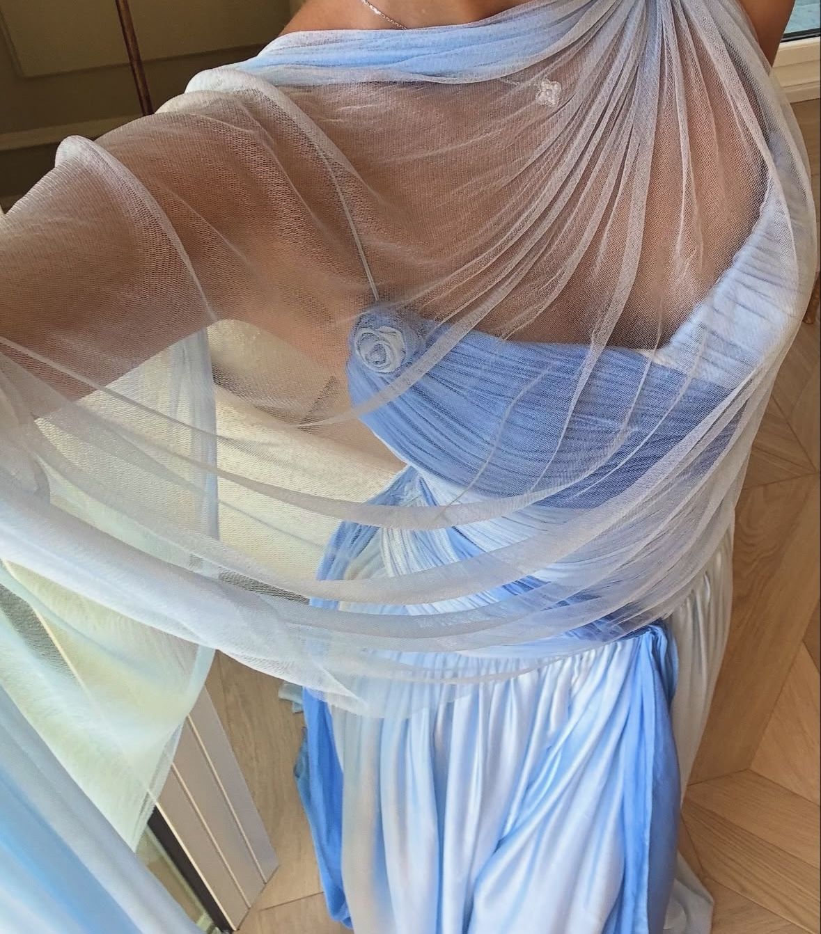 Pretty Mermaid Spaghetti Straps Multi Blue Pleated Sleeveless Chiffon Long Prom Dresses Inspo Prom Gown With Scarf RB1337