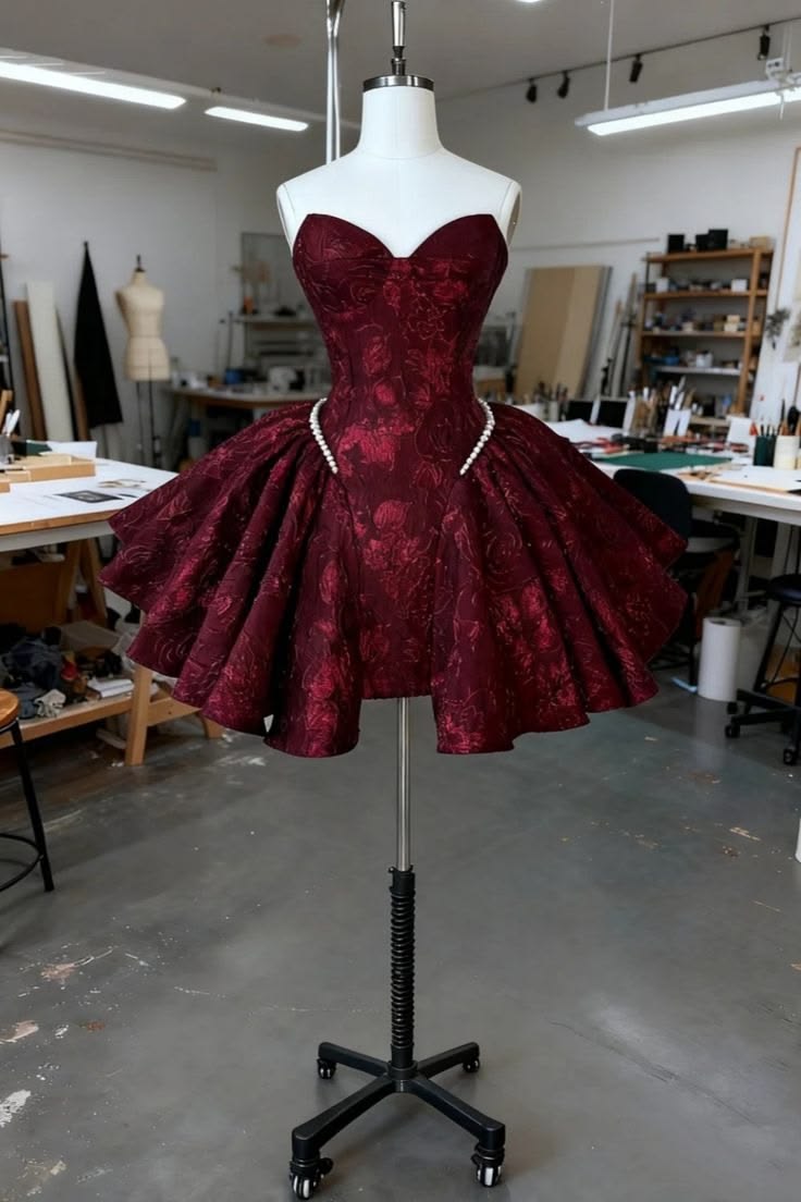 Cute Strapless Short Ruffled Ball Gown Burgundy Homecoming Dress Short Mini High School Ideas Inspo Senior Graduation Outfits RB7241