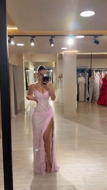 Sexy Mermaid Strapless Pink Lace With Split Prom Dresses Long Evening Formal Gown With Pleated Party Gowns N350