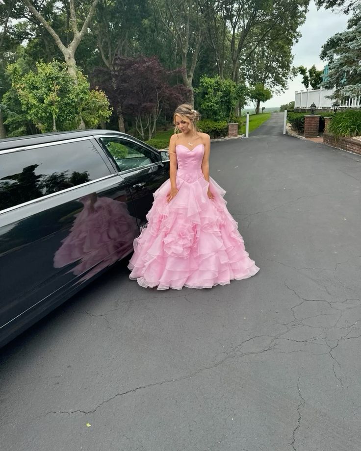 Elegant Ball Gown Sweetheart Pink Tulle With Tiered Long Prom Dresses Formal Outfit Evening Night Dress RB8203