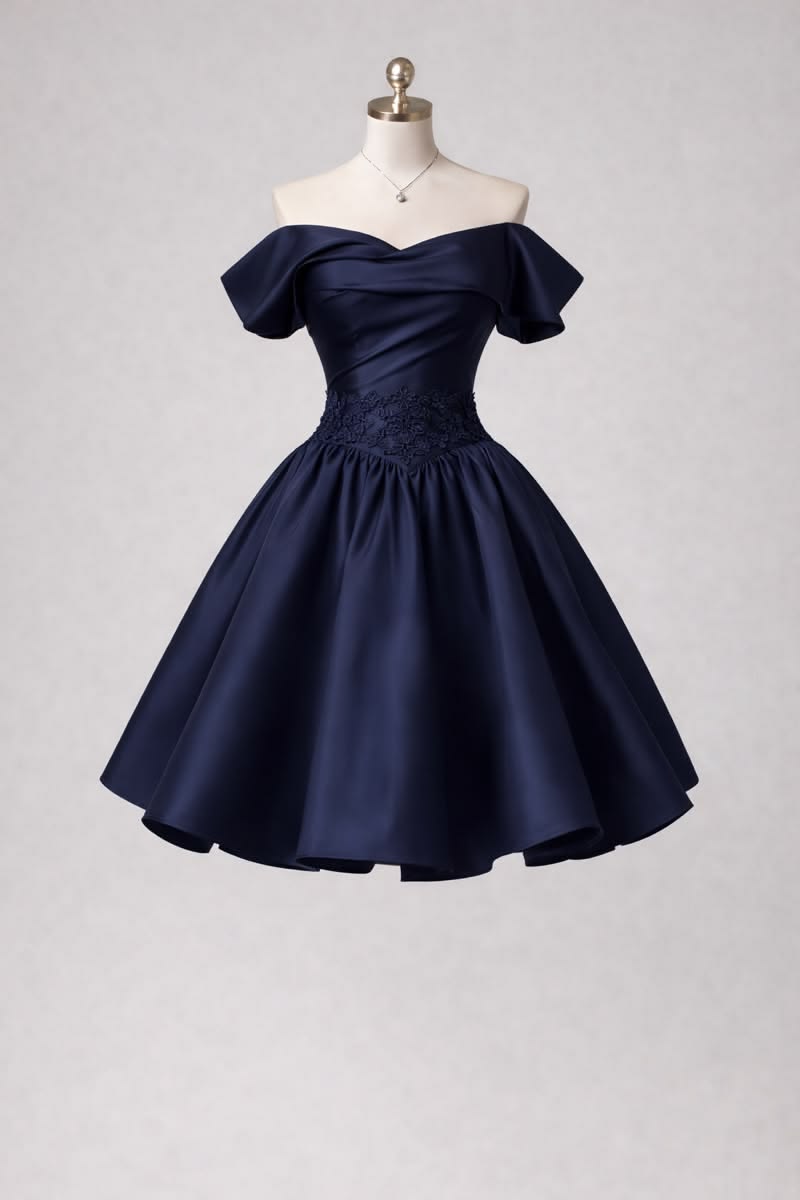Best Satin Mini Dress Ball Gown Off The Shoulder Navy Blue Short Party Outfits Homecoming Dresses RB4241