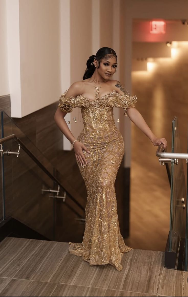 Sparkling Mermaid Off The Shoulder Gold Sequin Inspo For Black Girls People Women Girls Formal Party Gowns Long Prom Dresses N138
