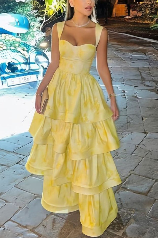 Yellow Printing Yellow Satin A-Line Tiered Sleeveless Long Prom Formal Dress Vestidos De Dia AB500