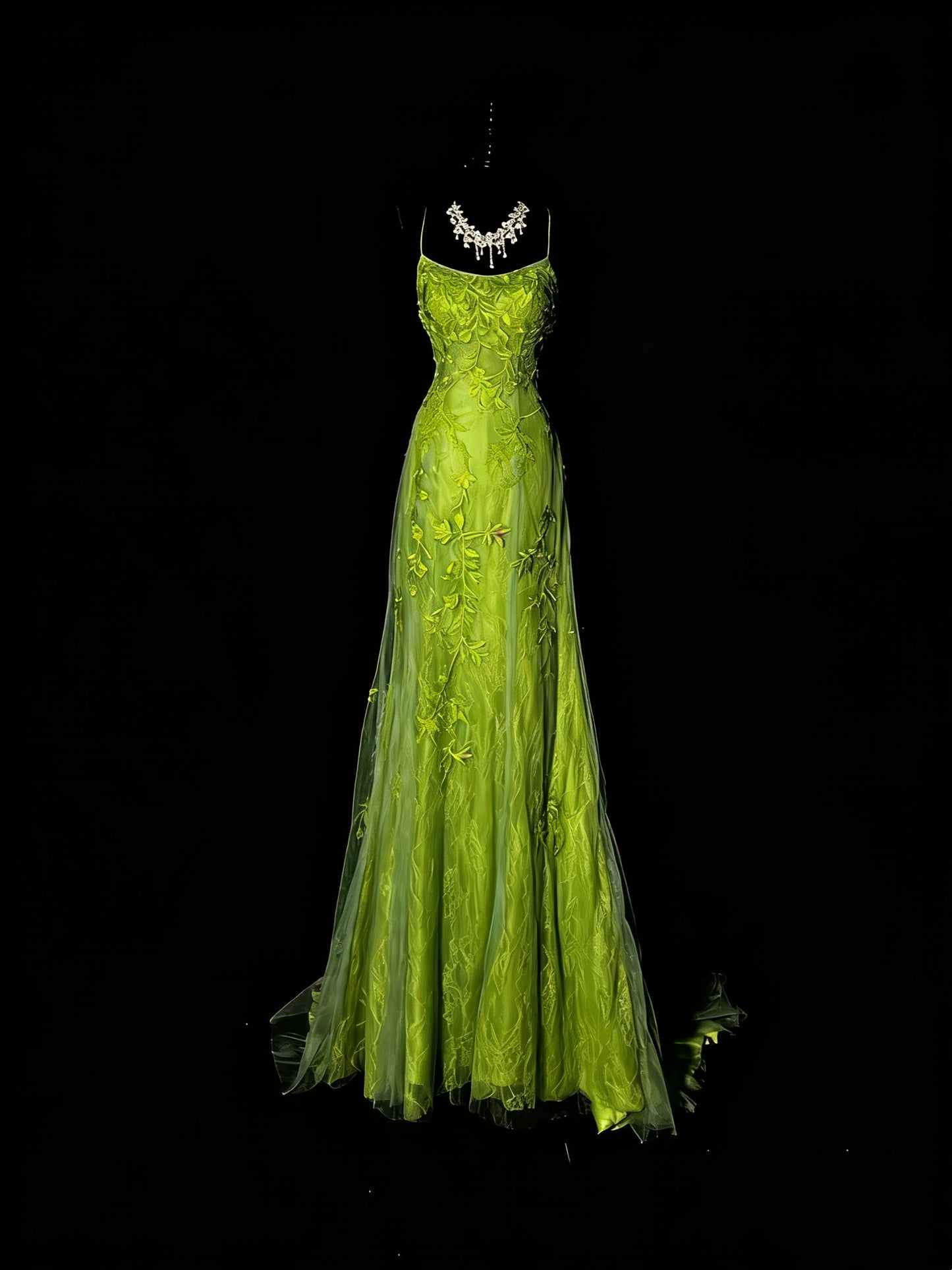 Stunning Mermaid Spaghetti Straps Green Tulle Lace Long Prom Dresses Evening Outfits Formal Dress N989
