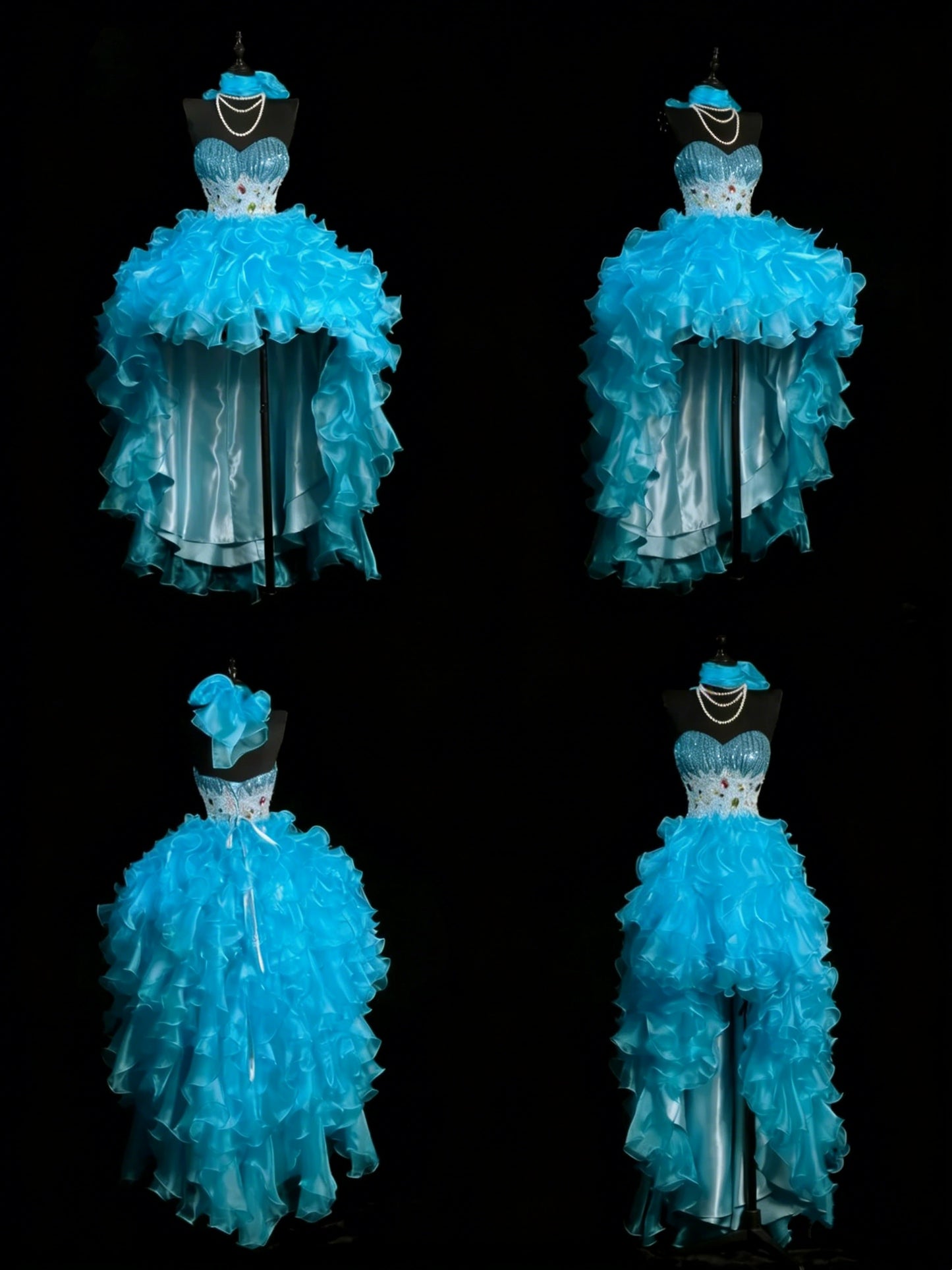 Modest High Low Sweetheart Organza Blue With Layered College Formal Outfit Prom Graduation Dresses For Teens N1181