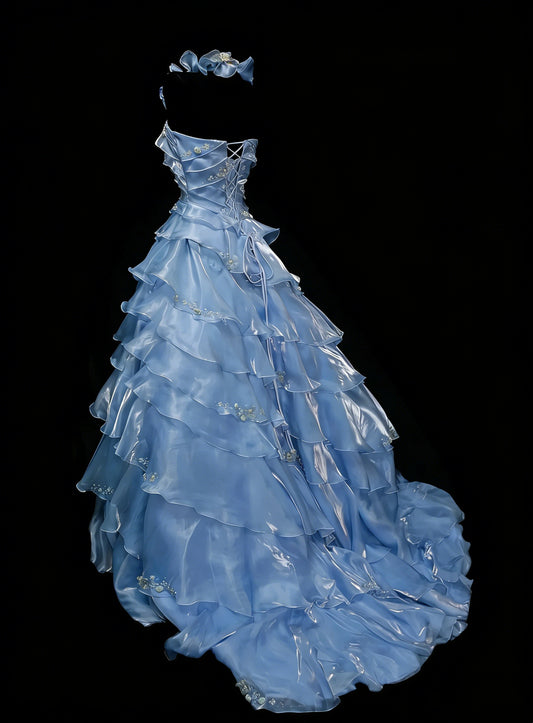 Vintage Prom Dresses Aesthetic Ball Gown Square Light Sky Blue Long Inspo Formal Party Gowns N1828