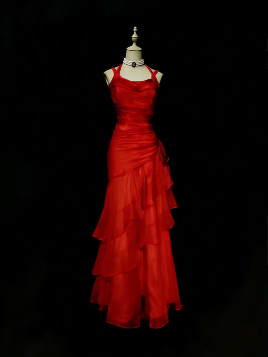 Modest Mermaid Straps Chiffon Red Long Prom Dresses New Long Evening Gowns Formal Dress N1417