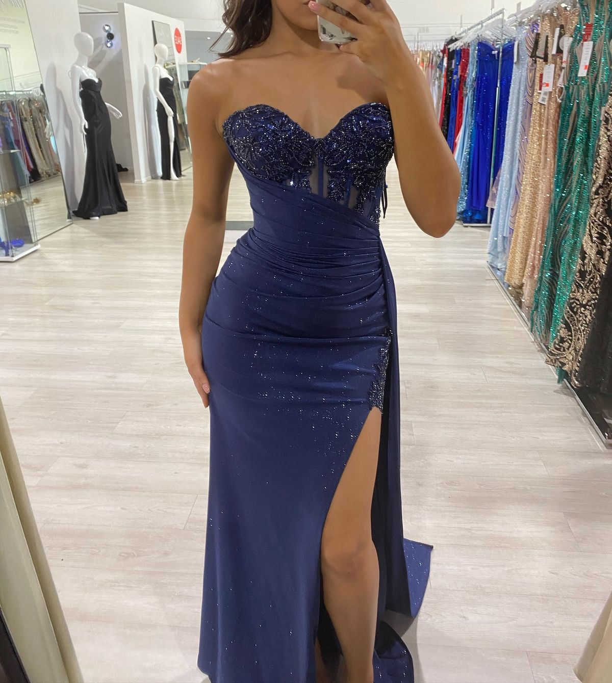 Sparkly Mermaid Sweetheart Navy Blue Beaded Long Formal Gowns Prom Dresses With Slit Evening Dress AB727