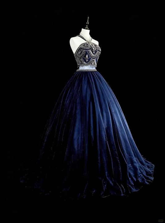 Vintage Ball Gown High Neck Navy Blue Tulle With Beadings Sleeveless 70s Prom Dresses Long Formal Party Gown N1485