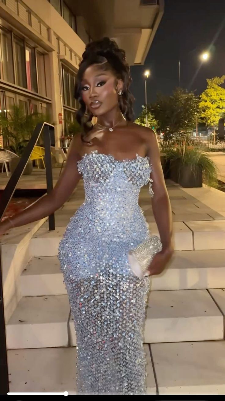 Sparkly Mermaid Strapless Sequin With Beading Evening Dresses Night Date Prom Dress For Blak Girls Women AB2567
