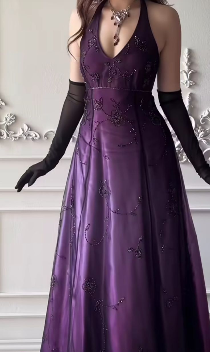 Vintage 80s A line Halter Grape Satin With Beading Formal Dress 18th Birthday Prom Dresses N2771