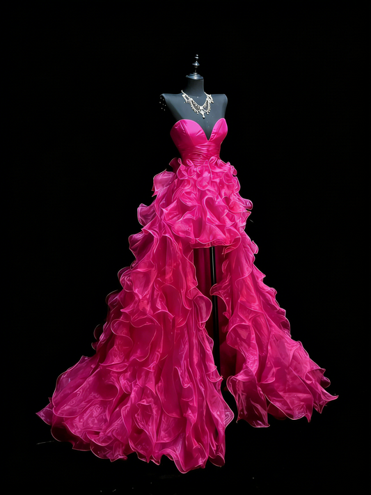 Elegant High Low Sweetheart Hot Pink Organza Floor Length Inspiration Long Prom Dress N1195