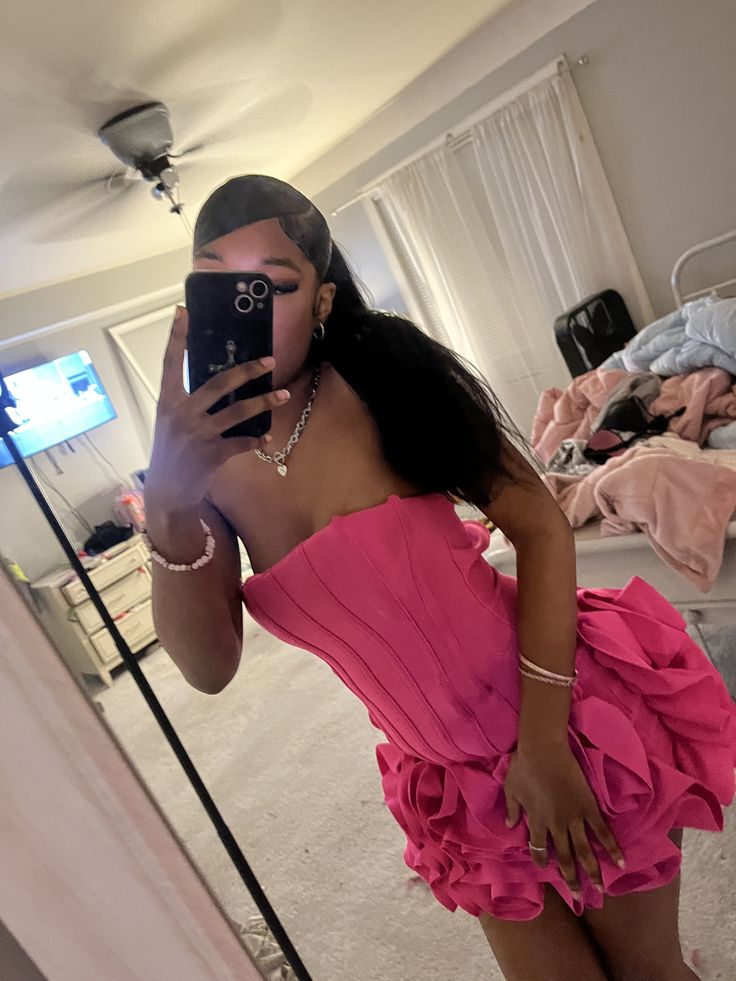 Cute Sheath Strapless Hot Pink For Black Girl Tight Bodycon Short Birthday Outfits Inspo Hoco Dress Homecoming Dresses RB4117