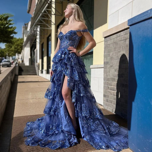 Off The Shoulder Layered Navy Blue Lace Long Prom Dress with Split Vestidos De Dia AB530