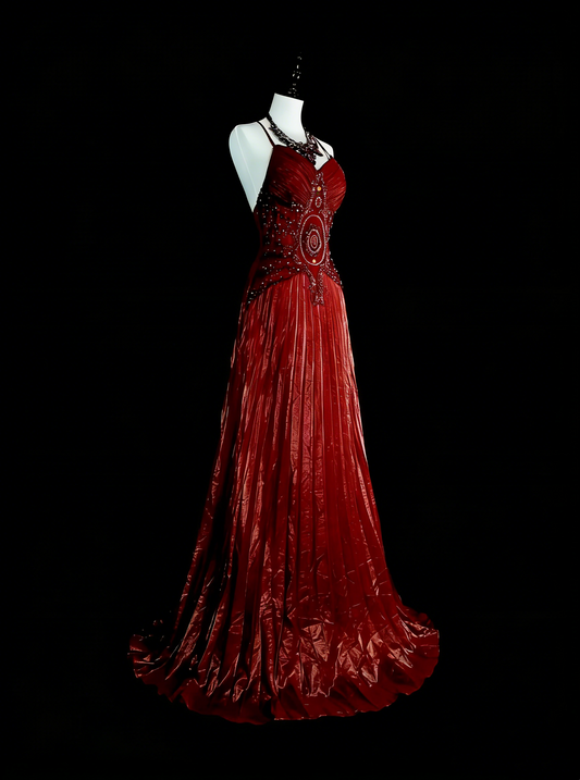 Vintage Prom Dresses A line Halter Spaghetti Strap Burgundy With Beading 1980s Long Formal Gown N2704
