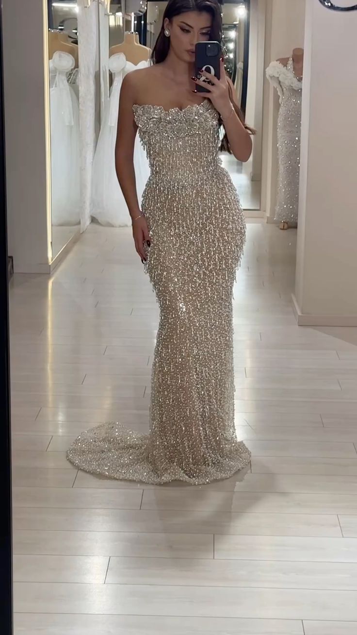 Sparkly Mermaid Strapless Sequin With Beading Evening Dresses Champagne Prom Dress For Blak Girls Women AB2568