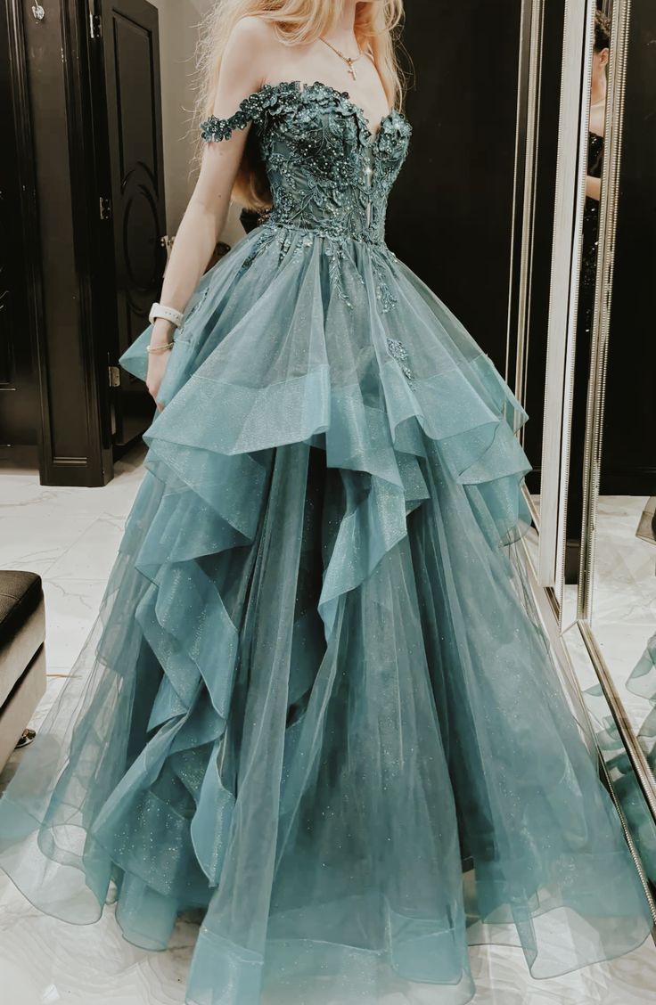 Modest Ball Gown Off The Shoulder Tulle Lace Appliqued Long Prom Dress Evening Formal Gowns AB468
