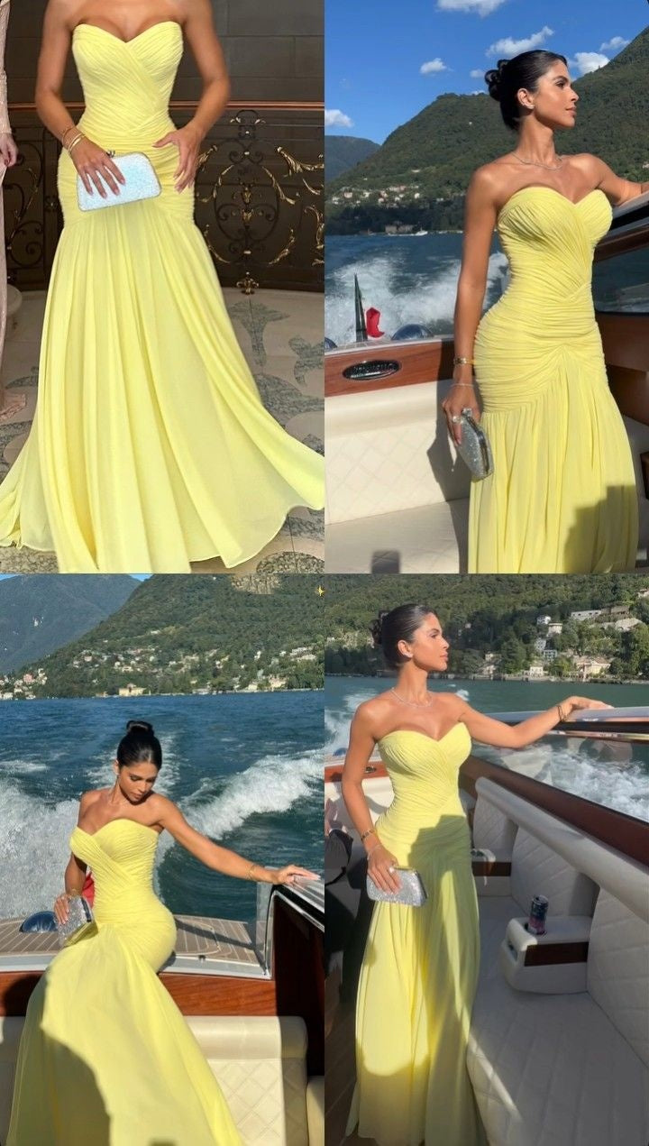 Elegant Mermaid Sweetheart Yellow Prom Dresses Chiffon Pleated Ruffle Formal Evening Dress Party Gowns AB417