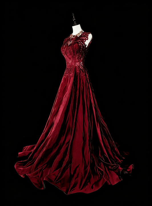 Retro A line Scoop Burgundy Lace Sleeveless 70s Prom Dresses Long Formal Party Gowns N1486
