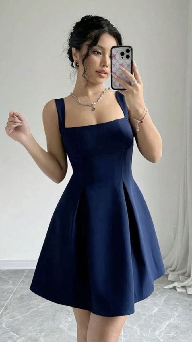Classy A line Square Neck Navy Blue Satin Freshman High Shool Grad Short Mini Hoco Outfits Homecoming Dresses RB4386