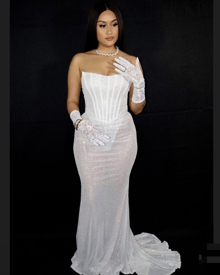 New Women’s Long Prom Dress Mermaid Strapless White Sequin Elegant Formal Graduation Party Gown RC0179