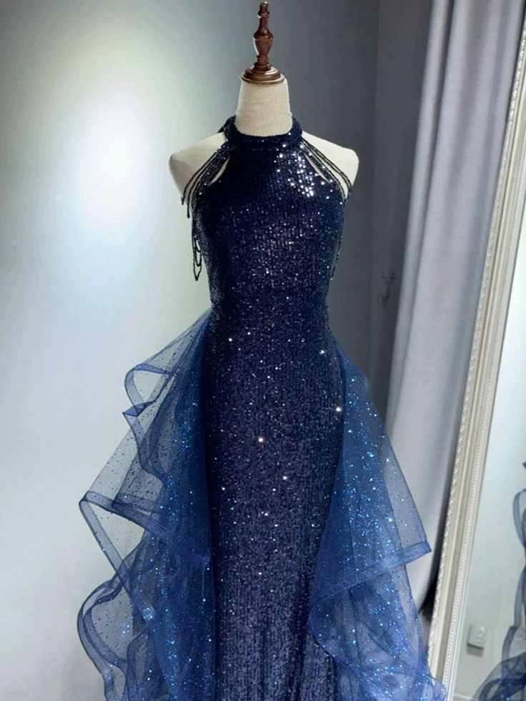 Navy Blue Sequins Long Prom Formal Dress Mermaid Evening Party Dresses AB680