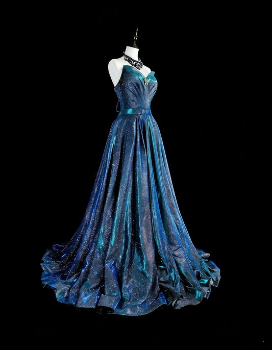 Vintage Ball Gown Sweetheart Navy Blue 70s Sequins Long Prom Gown Party Wear Dresses N1832