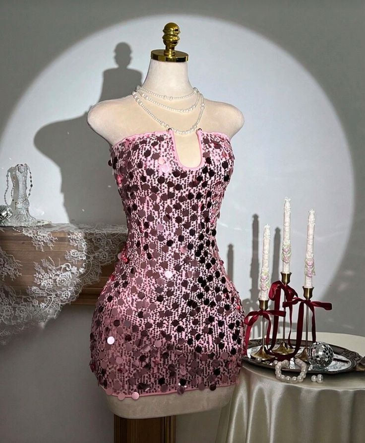 Sexy Hoco Dress Sheath Strapless Pink Sequin Tight Bodycon Homecoming Party Dress RC0156