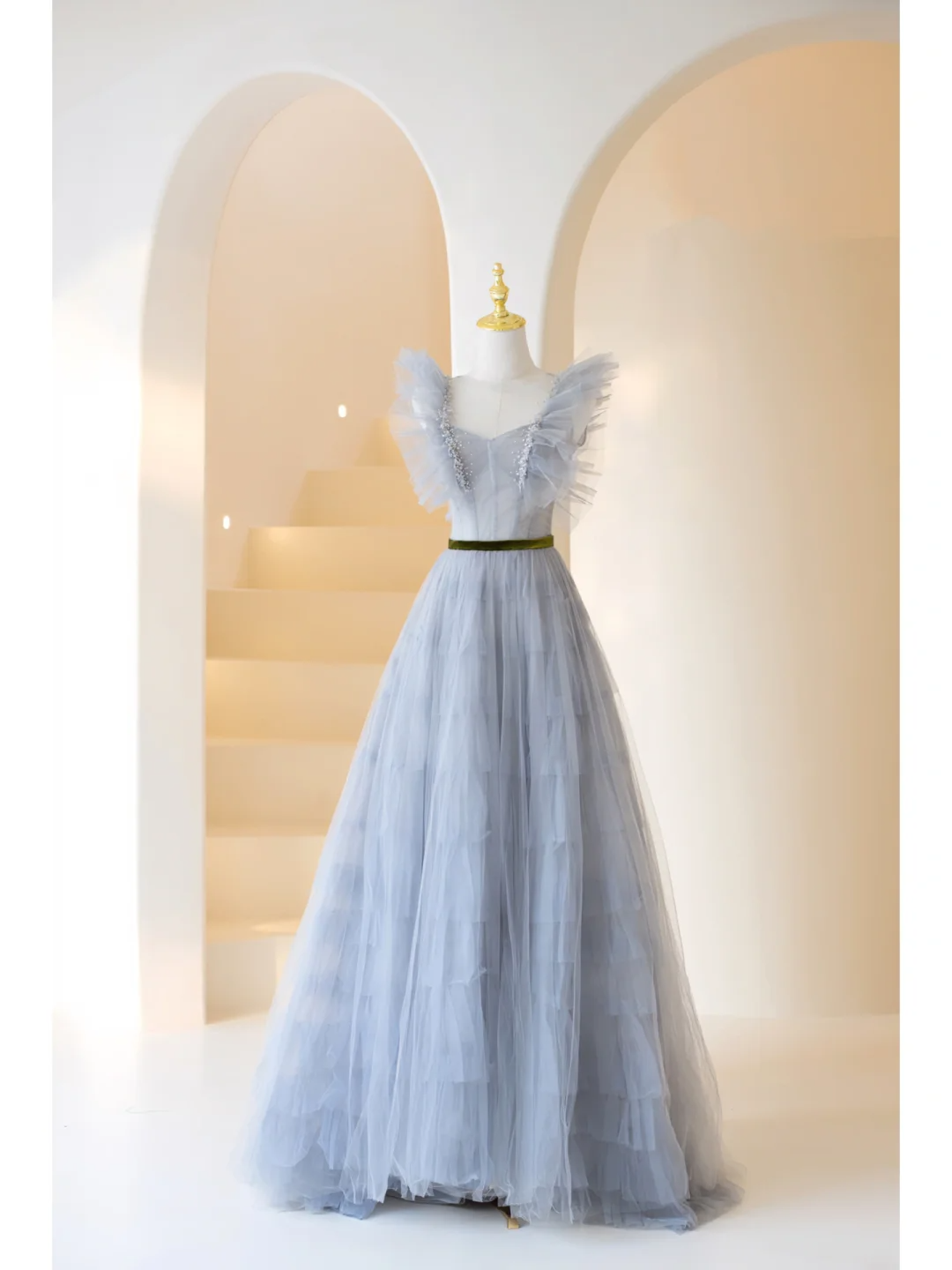 Cute Ball Gown Sweetheart Tulle Layered Dusty Blue Long Prom Dresses I – RubyFashionDress