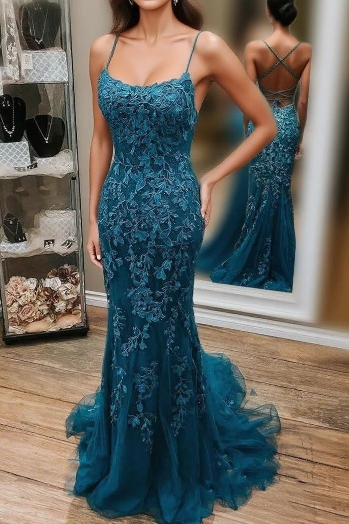 Dark Blue Mermaid Spaghetti Straps Appliques Formal Prom Dress AB1585