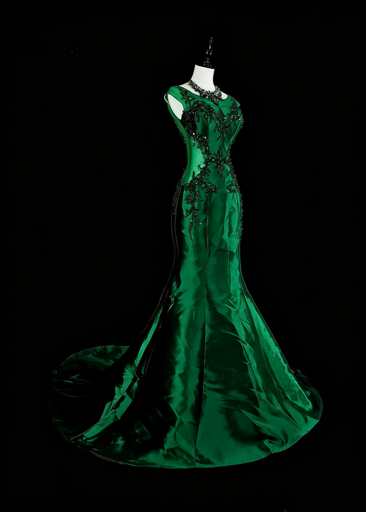 Vintage Prom Dresses Mermaid Scoop Dark Green Satin With Beading 1980s Long Formal Gown N2705