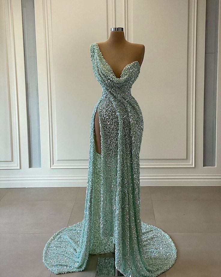 Classy Mermaid One Shoulder Marine Ball Dresses Floor Length Formal Gowns Mint Green Sequin With Leg Slit Prom Dresses Evening Dress AB761