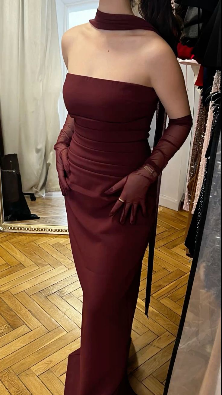 Elegant Mermaid Strapless Burgundy Satin Senior Aesthetic Prom Dresses With Scarf Prom Gowns Birthday Outfits Graduation Dress AB2114