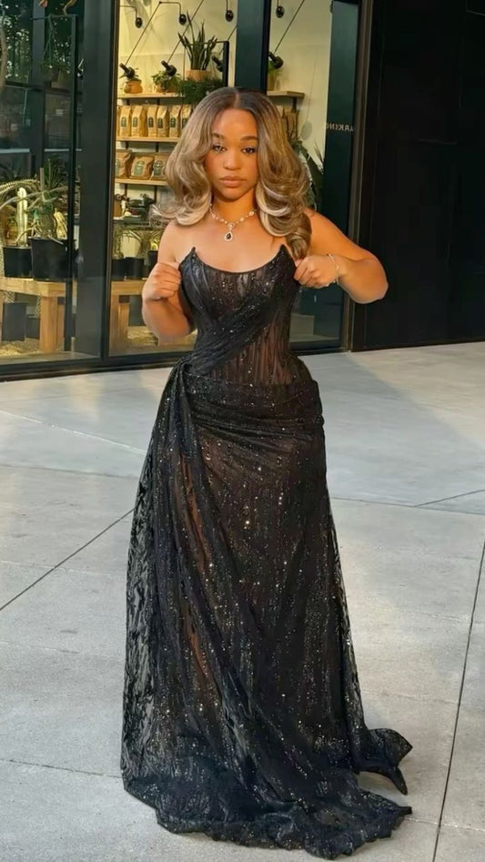 Sexy Black Lace Sequin Slit Mermaid Long Prom Dress Evening Dress AB1625