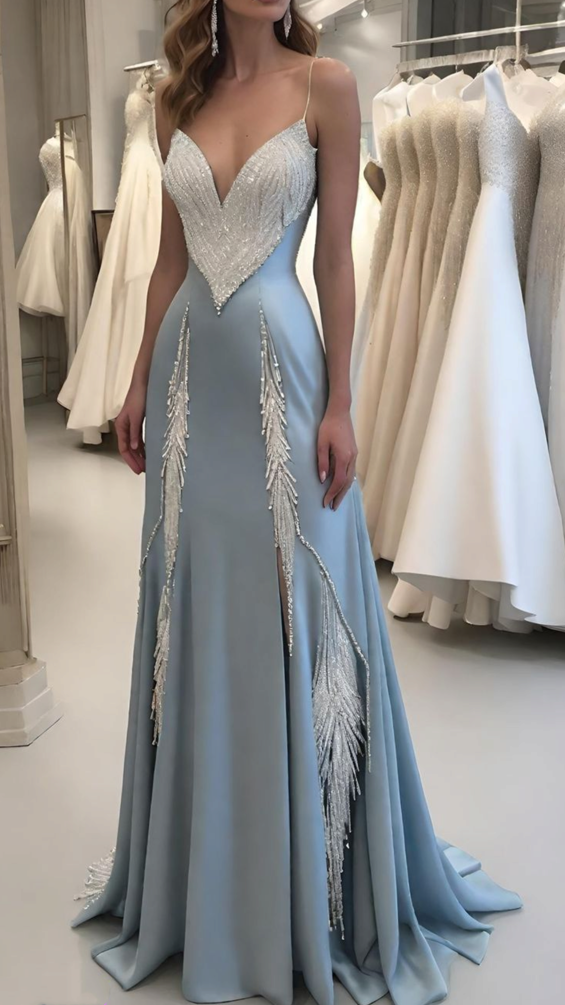Prom Dress ideas A Line Spaghetti Straps Blue Satin Slit Floor Length Formal Party Gown 8th Grade Dress RC0881