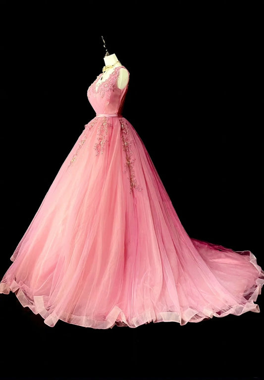 Modest Ball Gown V Neck Pink Tulle Long Prom Dresses Inspiration Party Gowns Princess Formal Dress N1298