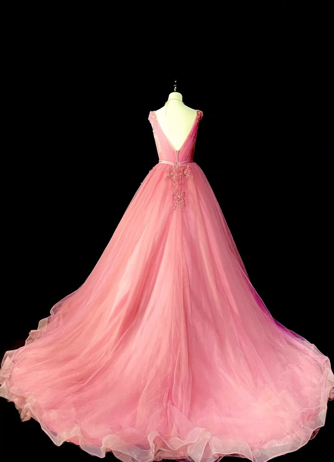 Modest Ball Gown V Neck Pink Tulle Long Prom Dresses Inspiration Party Gowns Princess Formal Dress N1298