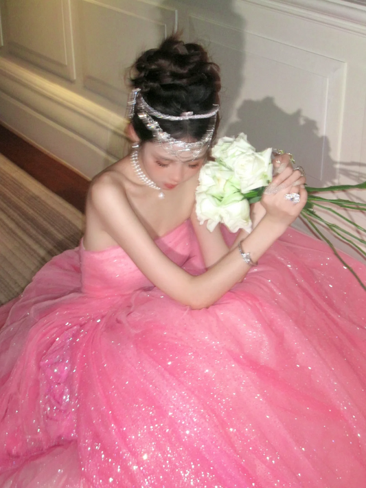 Sparkly Ball Gown Strapless Pink Sequin Long Quinceanera Dress Birthday Luxury Sweet 15 16 Birthday Outfits N074