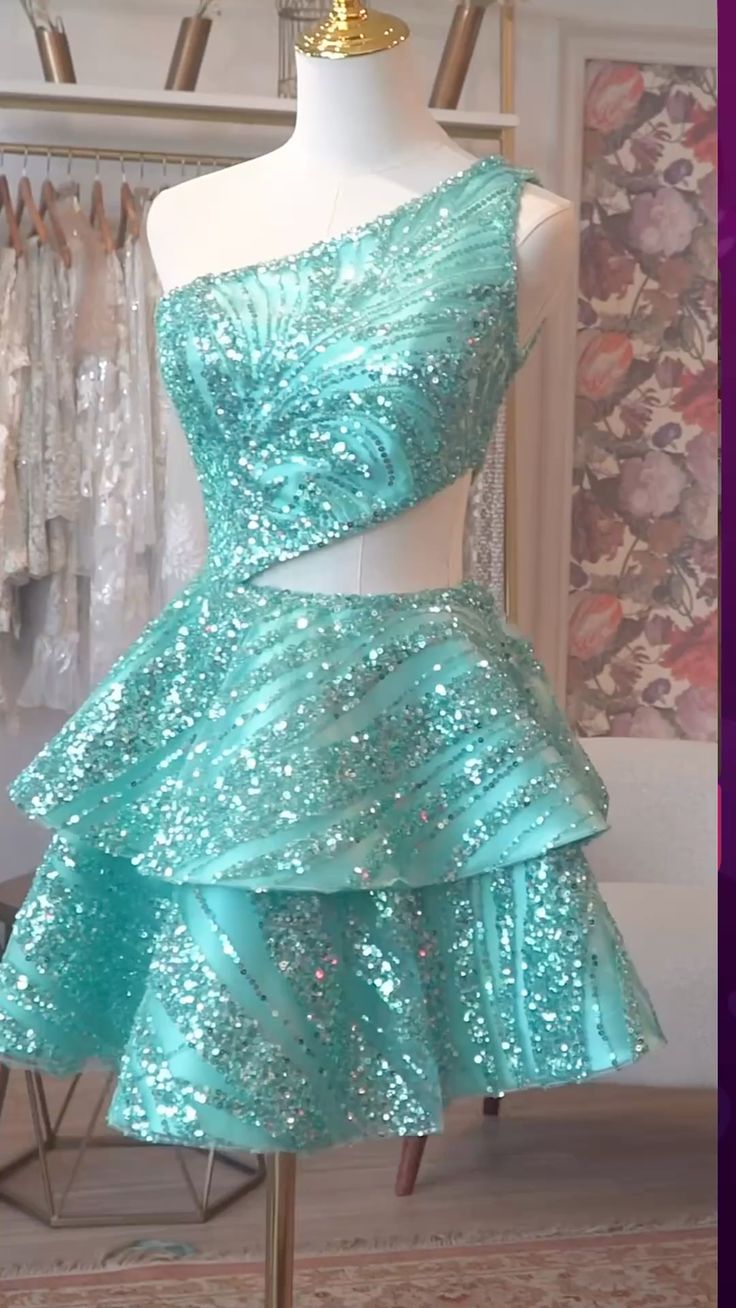 Elegant Ball Gown One Shoulder Sparkle Blue Sequined Party Dress Short Mini 18th Birthday Dresses Hoco Outfits RB3497