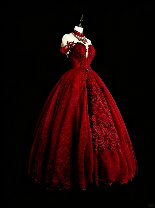 Vintage Prom Dresses Ball Gown Jewel Neck Burgundy With Beading Lace 1980s Long Formal Gown N2706