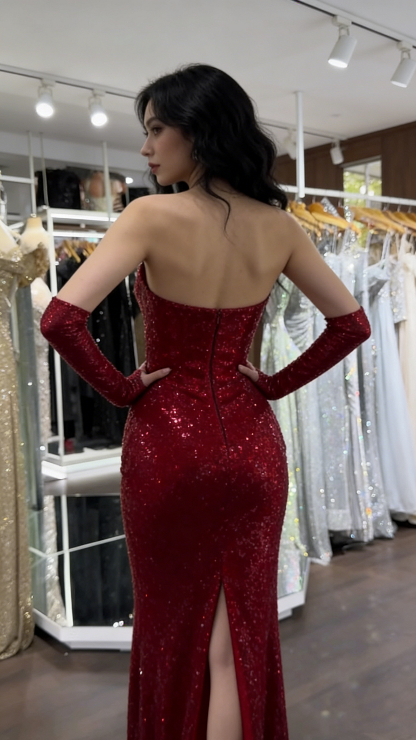 Elegant Mermaid Sweetheart Sequin Long Floor Length Burgundy Prom Dress Inspiration Slit Prom Dresses B59