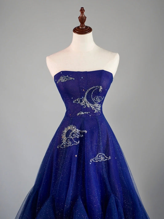 Modest A Line Strapless Tulle Royal Blue Prom Dresses Long for Women Formal Evening Gown AB171