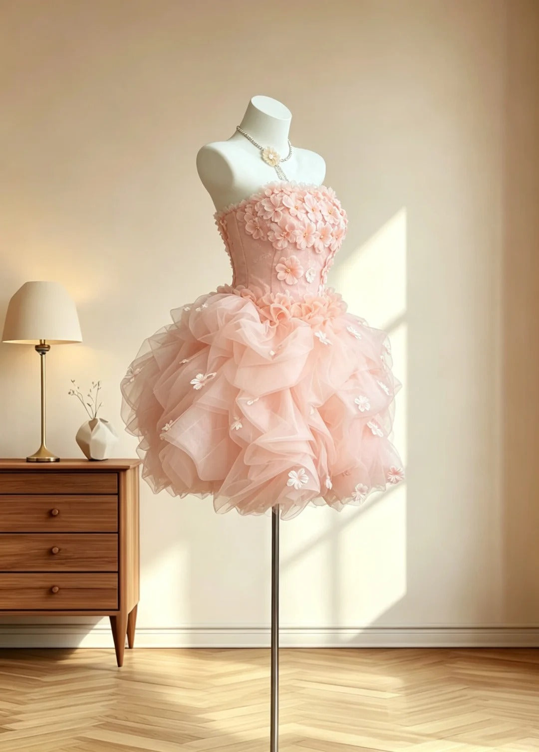 Fairy Ball Gown Strapless With 3D Flowers Graduation Gown Blush Pink Mini Senior Inspo Short Homecoming Dresses RB3098
