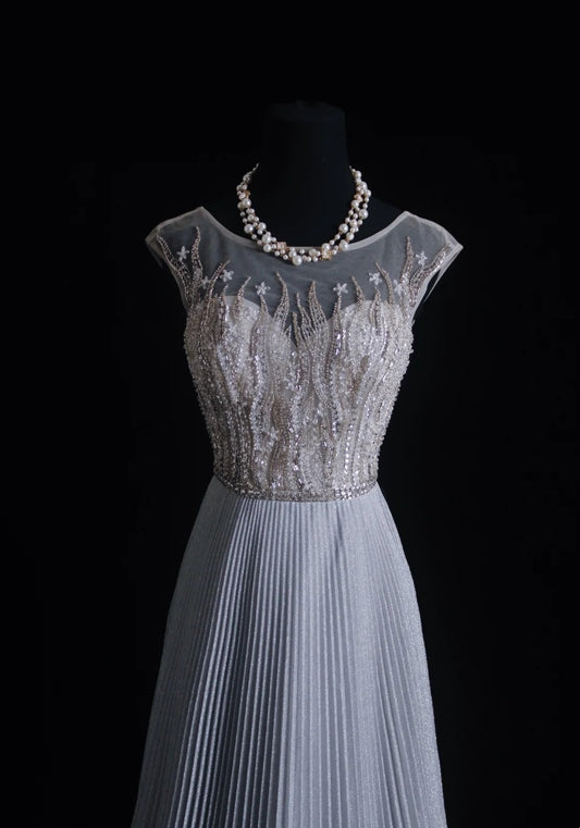 Vintage Prom Dresses Aesthetic 80s Retro A line Gray Pleated Chiffon Floor Length Formal Outfits N2332