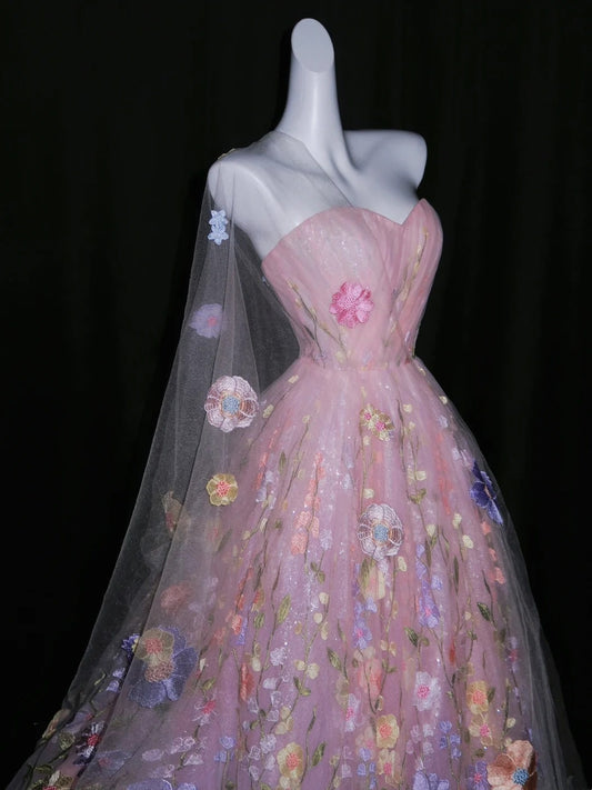 Cute Ball Gown Strapless Pink Sleeveless Floral Tulle Long Quinceanera Dresses Sweet 15 16 Birthday Outfits N1085