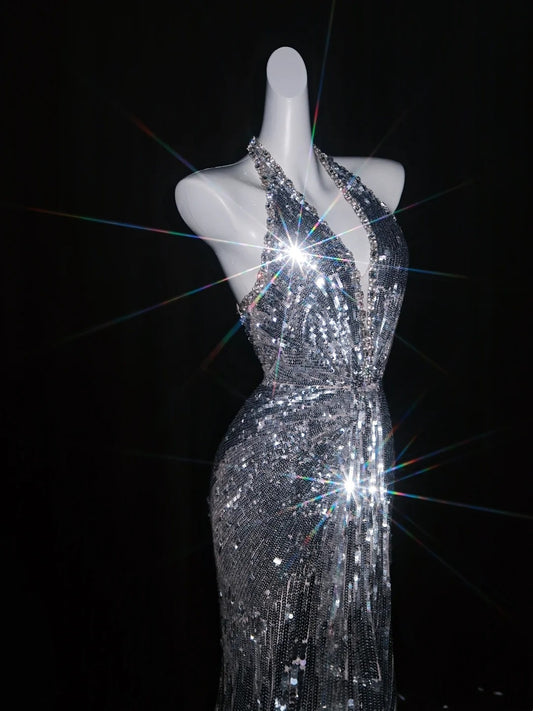Glittery Mermaid Halter Grey Sequins Long Prom Dresses Evening Outfits Formal Dress N1075