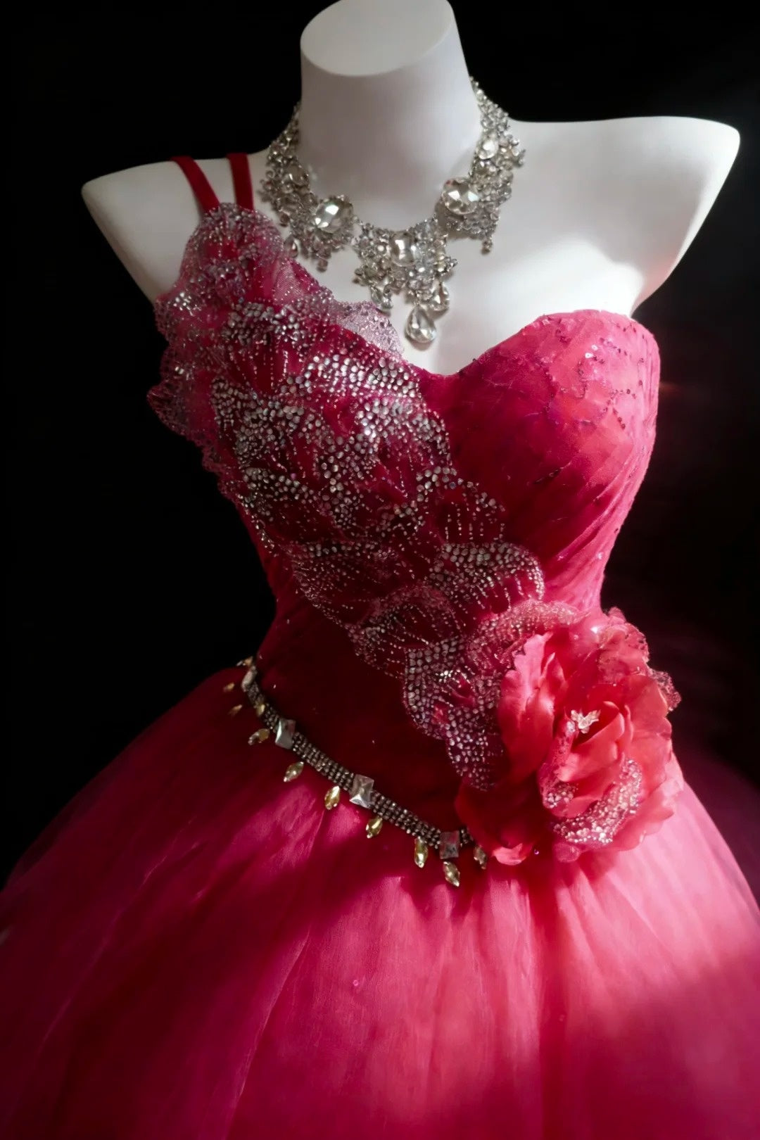 Pretty Prom Dresses Ball Gown One Shoulder Hot Pink Tulle With Beads Long Formal Dress N2955