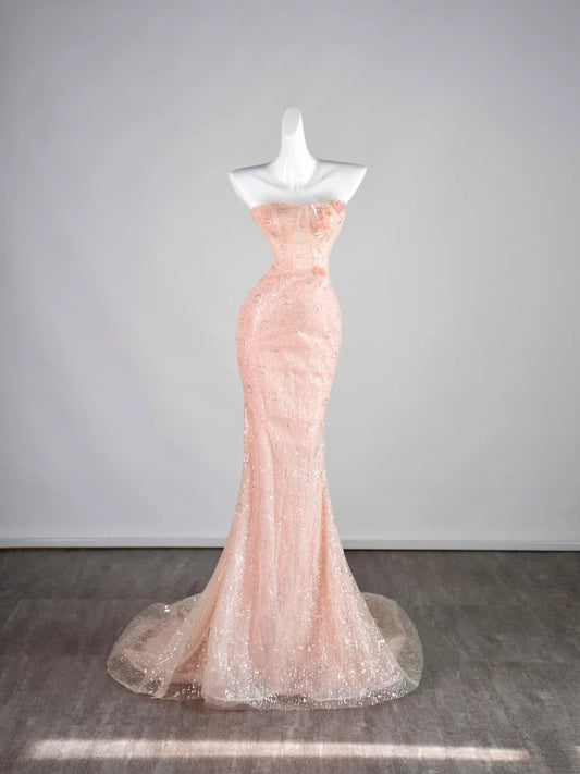 Classy Mermaid Pink Strapless Sequin Sleeveless Senior Prom dresses High School Formal Dress N1287