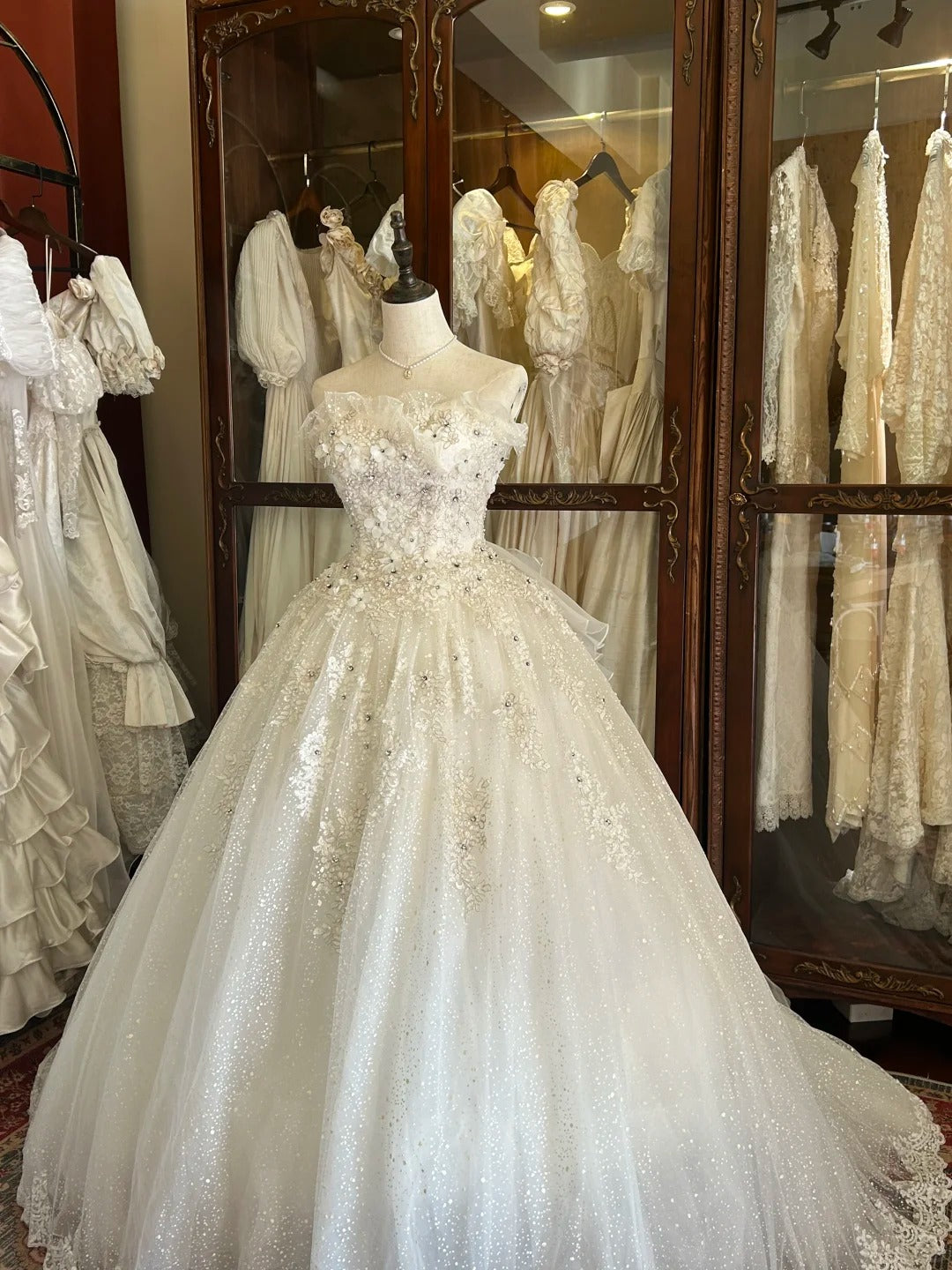 Vintage 80s Wedding Dresses Ball Gown Strapless Sequin Long Brides Dress Fitted Bridal Gown N2269