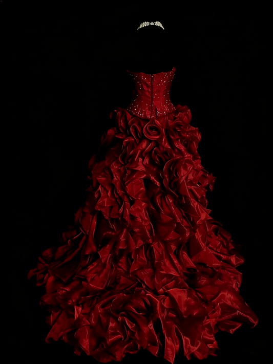 Modest Ball Gown Strapless Red Organza 80s Long Prom Dresses Inspiration Party Gowns Vintage Sweet 16 Dress N1307